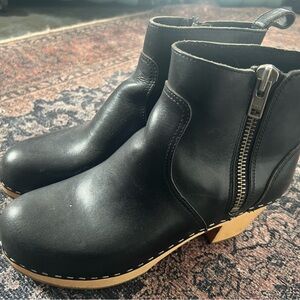 Black Leather Ankle Boots with Wooden Heel